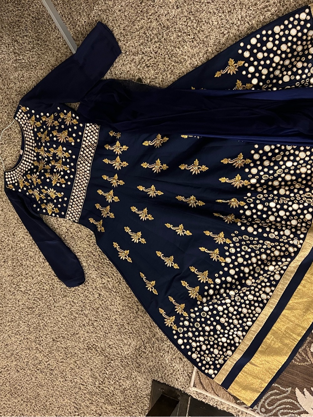Embroidered Navy Long-Sleeve Women's Dress with Gold Accents